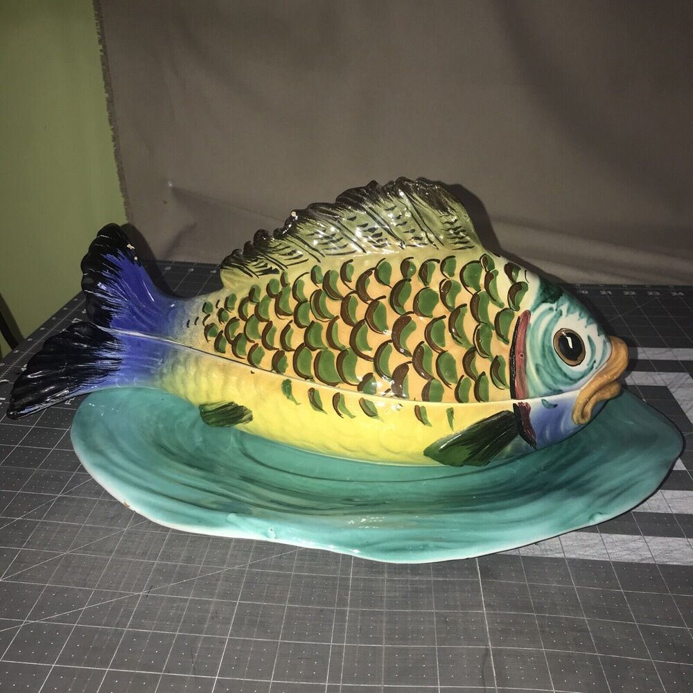 Rare Vtg Fish Centerpiece Porcelain Tureen Serving‎ Dish With Cover Italy 500
